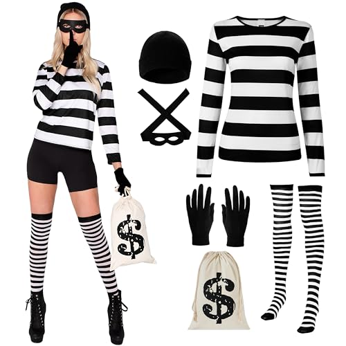 Spooktacular Creations Erwachsene Frauen Räuber Kostüm Set mit Hut Hemd Maske Handschuhe Socken Tasche für Halloween Dress Up Cosplay Thema Party-M