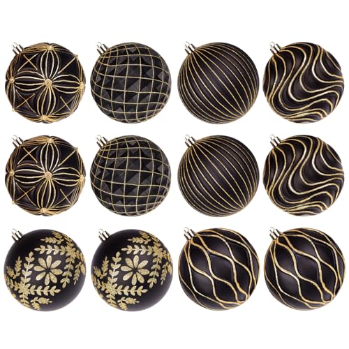 Lanpn 12 STK 10cm Große Weihnachtskugeln für Draußen, Grosse Weihnachtsbaum Kugeln Aussen, XXL Christbaumkugeln Outdoor, Riesen Tannenbaum Kugel Weihnachts-DEK Christbaum-Schmuck, Schwarzgold