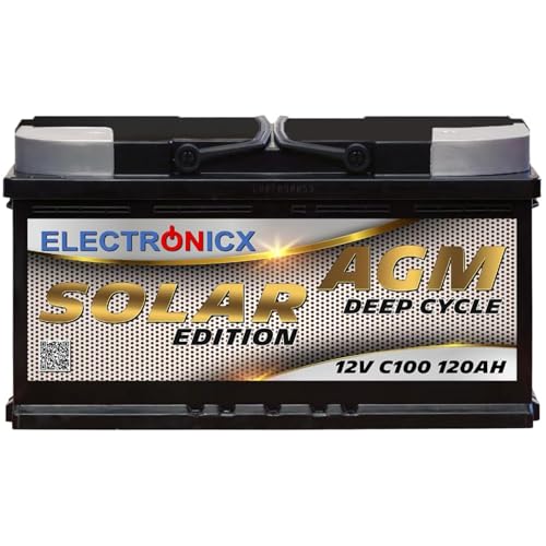 Electronicx AGM Versorgungsbatterie 120Ah 12V – Deep Cycle Solar Edition – 12V C100 Solarbatterie mit AGM-Technologie – 353x175x190mm – wartungsfrei – für Wohnmobil, Boot, Photovoltaik 120 Ah
