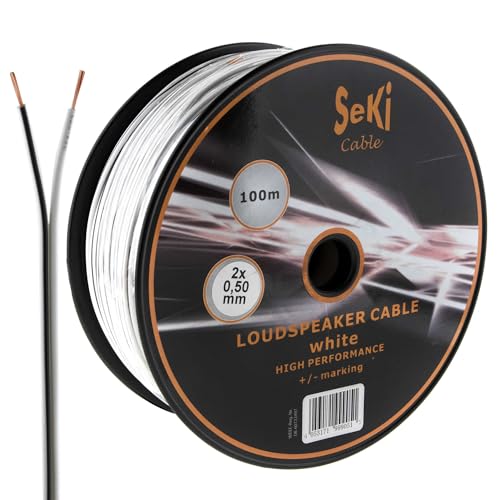 SeKi Lautsprecherkabel Weiß 2x 0,50mm² – 100 Meter Spule | CCA-Kupfer Boxenkabel für klaren Sound bei HiFi, Heimkino und Car-HiFi mit Polaritätskennzeichnung