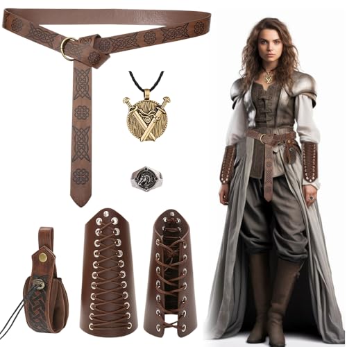 HIULLEN 6PCS Halloween Nekromanten Anzug, Mittelalter Kleidung für Damen Herren mit Gürtel Gürteltasche Armschienen Aufhängeöse Ringe, Mittelalterliche Accessoires Set für Wikinger Piraten Hexe Ritter