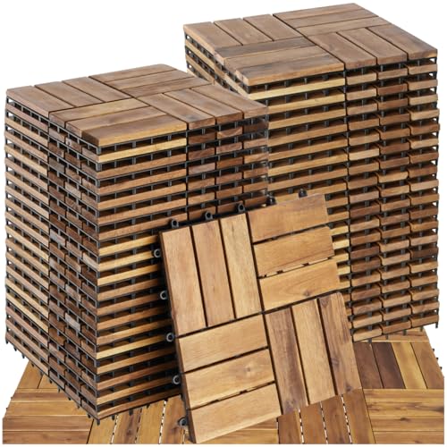 tectake® Holzfliesen, Holz Fliesen wetterfest, Bodenbelag für Wintergarten, Bodenfliesen, Balkonboden, Boden Trittsteine Garten, Terrassenfliesen mit Klicksystem, Drainage - 40er Set/12er Lamellen