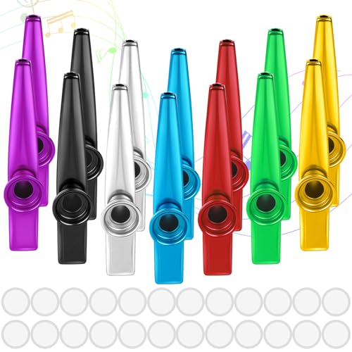 14 Stück Kazoo Instrument in 7 Farben Kazoos Kazoo Metall Aluminiumlegierung Kasu Musikinstrumente für Kinder Party Favors Geschenke Erwachsene Musikliebhaber mit 24 Stück Kazoo Membran