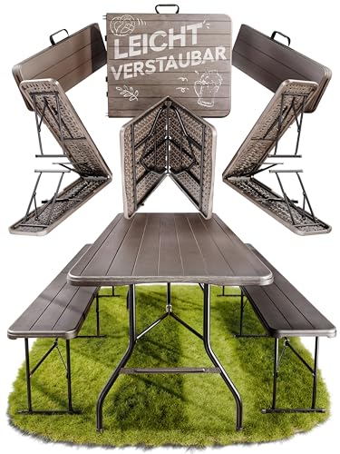 Ondis24 Biertischgarnitur Lisa Campingtisch 2X Bierbank 1x Biertisch Sitzbank klappbar Bierzeltgarnitur 3tlg. einfach transportabel (Braun, XL)