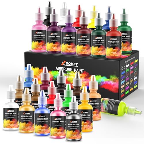 XDOVET Modellbau Farben Airbrush Set 28 Farben/30ml, Airbrush lack enthalten Metallic und Neonfarben, wasserabweisende und schnell trocknend Modelle für Künstler, Anfänger Malen und Studenten