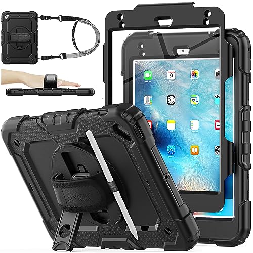 SEYMAC stock Hülle für iPad mini 5. /4. Generation 2019/2015 7,9 Zoll, Stoßfeste Hülle mit 360 Drehbarer Ständer/Handschlaufe, Displayschutz, Stifthalter & Schultergurt für iPad mini 5/4, Schwarz