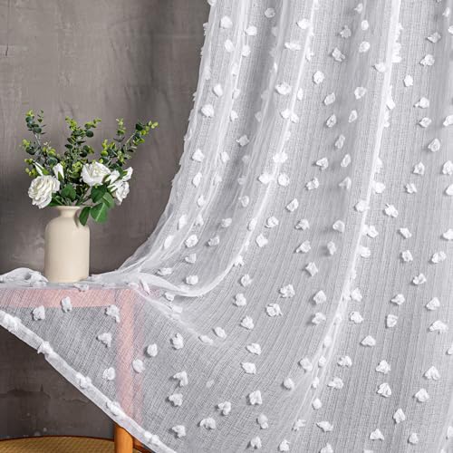 MYSKY HOME Gardine Weiß 2er Set Vorhänge mit Ösen Sheer Voile Vorhang Kinderzimmer Gardinen Wohnzimmer Modern Stickerei Ösenschal Transparent Dekoschal für Schlafzimmer H 245 x B 140 cm, Weiss
