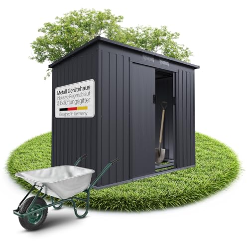 Juskys Metall Geräteschuppen M – Dunkelgrau, wetterfest mit Fundamentrahmen, Schiebetür & abschließbar - für Garten & Aufbewahrung