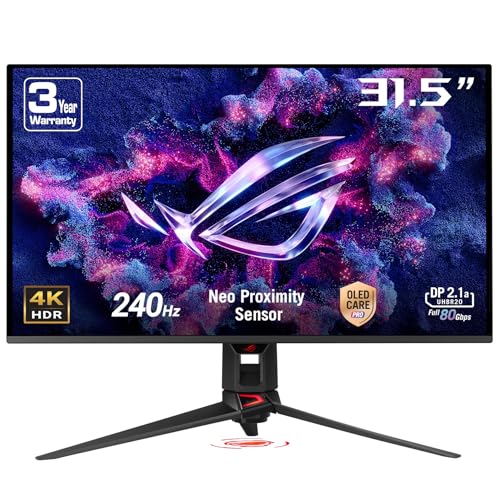 ASUS ROG Swift OLED PG32UCDMR 32 Zoll 4K UHD Gaming Monitor (240 Hz, 0.03ms GtG, G-Sync, FreeSync, AdaptiveSync, 10-bit, DisplayHDR 400, 16:9, 3840x2160, DP 2.1, HDMI 2.1, 90W USB-C, USB-Hub)