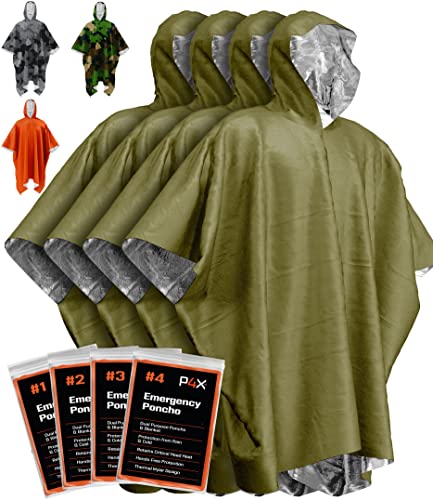 PREPARED4X Notfalldecken & Regenponcho Hybrid Survival Gear and Equipment,Robuste,speichert 90% der Wärme + reflektierende Seite für erhöhte Sichtbarkeit,4er Pack (grün)