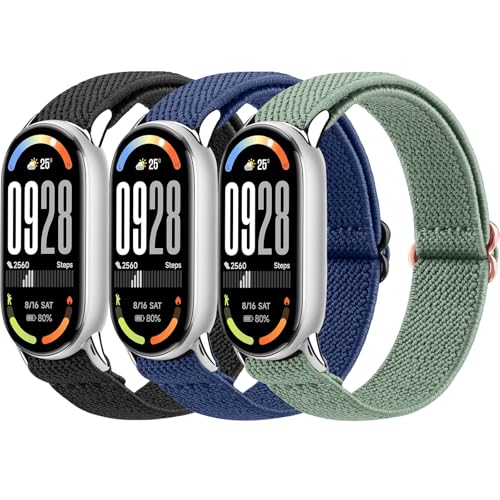 Oumida 3 Stück Elastisch Armband für Xiaomi Smart Band 8/9 / 10 Armbänder Damen Herren, Robuster Metallkopf, Verbessertes Nylon Uhrenarmband, Sport Ersatzarmband für Xiaomi Mi Band 10/9/ 8