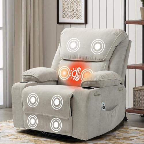 BRTHORY Relaxsessel mit Massagefunktion Fernsehsessel Liegefunktion Vibration Heizung, Dicke Rückenlehne und Armlehnen, Massagesessel mit Wippfunktion, 360°drehbar, Beige