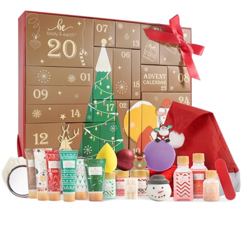 Body & Earth Adventskalender Weihnachtsgeschenke Geschenkset für Frauen 24tlg. Badesets für Frauen Geschenkbox mit Weihnachtsmütze, Badebomben, Weihnachtsdekoration, weihnachtsgeschenke für frauen