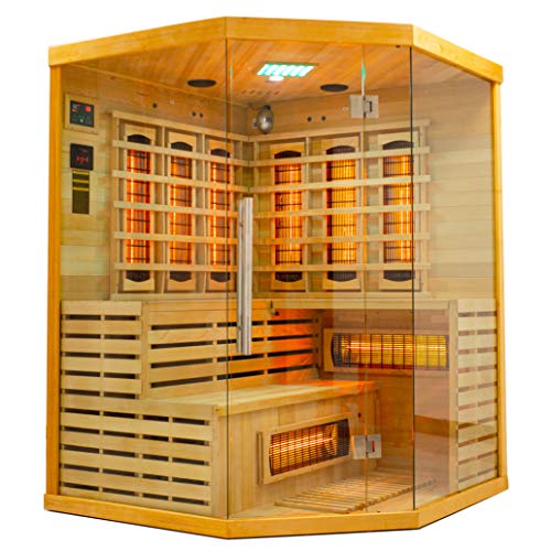 Elbe Infrarotkabine HYGGE für 3-5 Person aus Hemlockholz, 150x150x200 cm,8 Vollspektrumstrahler, 1 Carbonstrahler, Saunakabine mit Farblichtherapie, Ionisator und Audio System