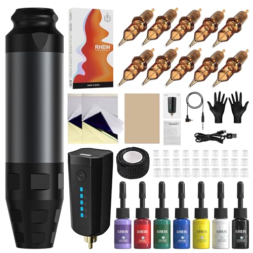 RHEIN Maschine Set mit 1600mAh Akku 10 Stück Cartridges 7 Inks Kabellos Maschine Komplettes Zubehör RNP76KIT-7