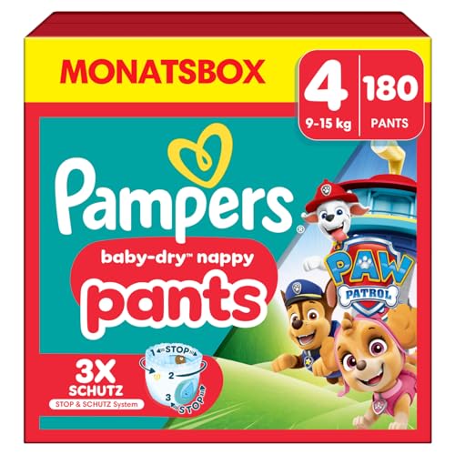 Pampers Baby-Dry Pants Paw Patrol Edition Größe 4, 180 Windeln, 9kg-15kg, 360° Passform hilft, Auslaufen zu verhindern
