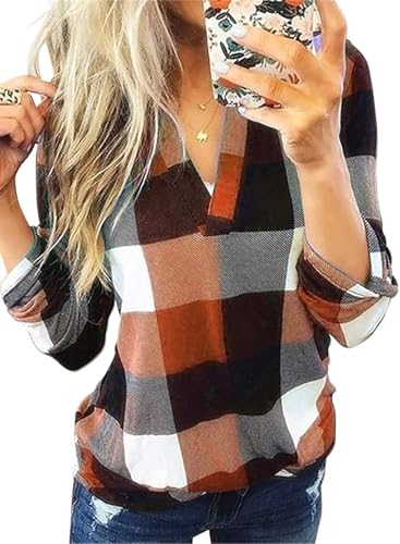 Cuptacc Langarmshirt Damen Fashion Plaid Bluse Henley Arbeit Leichtes V-Ausschnitt Shirts Orange Groß L 42-44