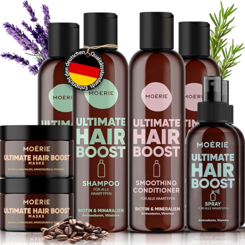 MOERIE Shampoo Set - gegen Haarausfall, Conditioner, Haarwachstum Serum & Haarmaske - natürlich Haarwachstum beschleunigen - Veganes Haarwuchsmittel Frauen & Männer - 77 Mineralien (8er-Set)