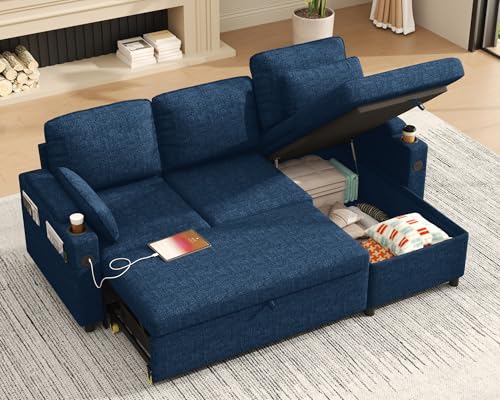 DURASPACE Schlafsofa ausziehbar 2 in 1 Sektional Schlafsofa Couches mit Lagerung, USB, Cup Holder, Pullout Sektional Couches für Wohnung Wohnzimmer (Blau)