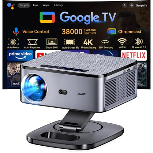 Beamer 4K【1500 ANSI & Google TV/Autofokus】 Full HD 1080P 38000 Lumen XIWBSY Smart Beamer mit WiFi 6, Bluetooth 5.2, HDR10, Sprachassistent, Heimkino & Outdoor Projektor