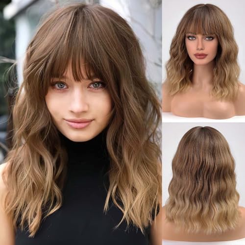 HAIRCUBE Kurze Charming Bob mit Bangs Perücken für Frau Natur Hitzebeständige Kunstfaser Party/Cosplay/Kostüm/Tägliche Perücke (Ombre Brown Blonde)
