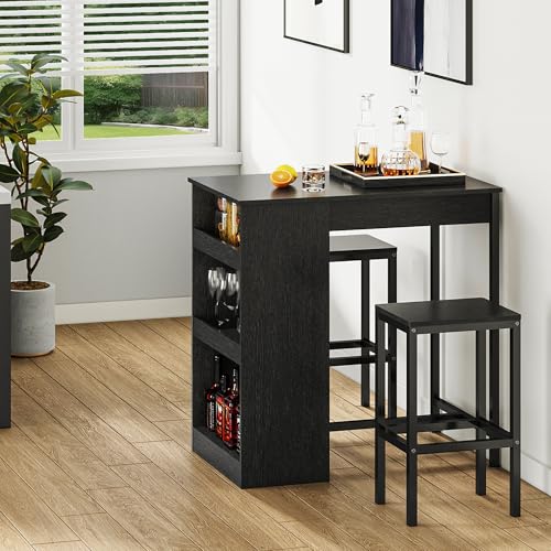 YITAHOME Bartisch mit Barhocker Set, Bartisch 3 Teilig, Esstisch mit 2 Hocker 3 Ablagen, Barhocker mit Metallrahmen, Essgruppe für 2 Personen, Frühstückstisch Möbelsets für Zuhause, Küche (Schwarz)