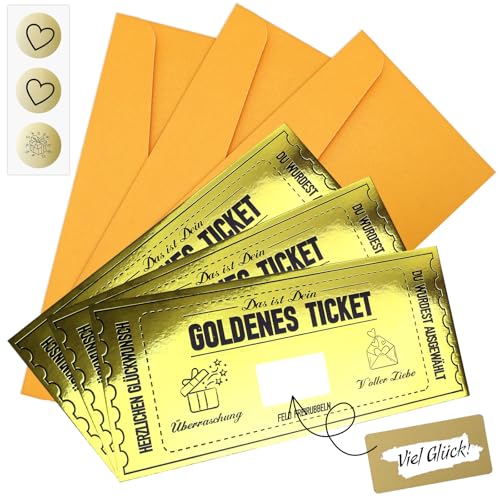 GADITIEK 3 Stück Goldenes Ticket, Geschenkkarte zum Selber Ausfüllen mit Rubbelkarte, Geburtstagsgeschenk für Frauen Freundin Mama