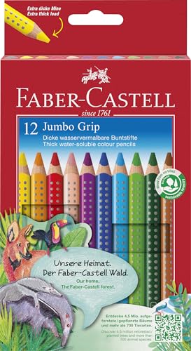 Faber-Castell 110912 Jumbo Grip Buntstifte für Kinder, 12er-Jumbo-Buntstifte-Set, Malstifte mit Grip und dreieckigem Schaft, wasserlöslichen Pigmenten, leicht auswaschbar und bruchsicher, Schulsachen