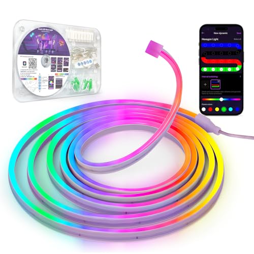 Kangtaixin Neon LED Strip 3m, Flexible LED Streifen mit App-Steuerung, 5V RGB LED Band Seil Lampe, DIY-Formen, Musik Sync, Neon Lichtband für Wohnzimmer, Schlafzimmer, Wand, Gaming Deko