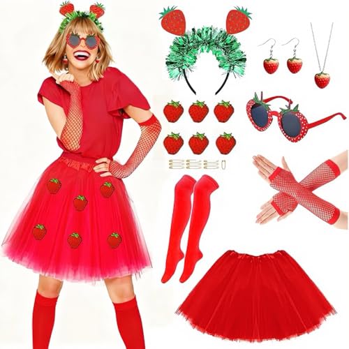 RIRIDAMAI Erdbeer Kostüm Damen Set, Obst Kostüm Erwachsene, Erdbeer Outfit, Erdbeer Haarreif, Sonnenbrille, Handschuhe, Ohrringe, für Mottoparty Fasching Karneval Kostüm, Faschingskostüm