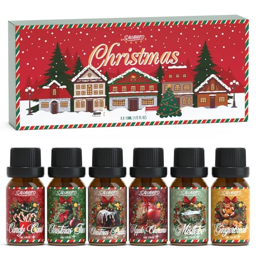 SALUBRITO Weihnachten Ätherische Öle Set für Diffuser, Naturrein Aromatherapie Duftöl für Diffusor 6 x 10ml – Weihnachtsbaum, Mistelzweig, Lebkuchen, Apfel-Zimt, Zuckerstange, Feiertags-Geschenkset