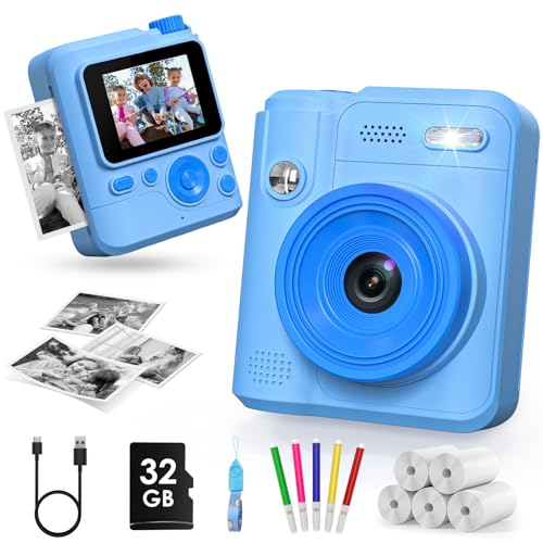 Gofunly Sofortbildkamera Kinder, 1080P HD Kinderkamera Sofortbildkamera mit 32GB Karte & DruckerPapier, Kamera Kinder Sofortdruck Kinderspielzeug Geschenke für Jungen und Mädchen 3-12 Jahre