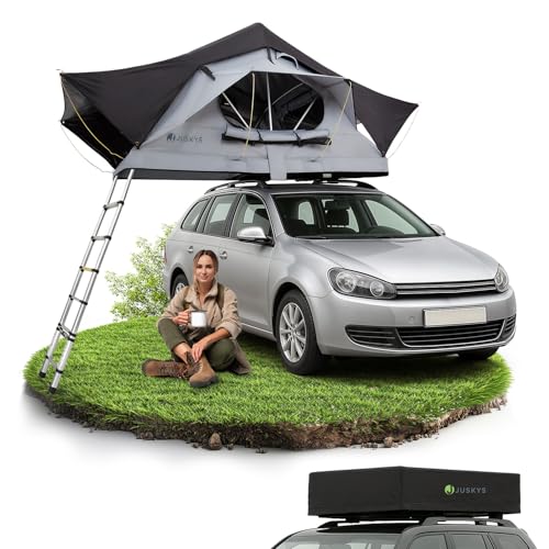 Juskys Autodachzelt Lago 120 x 210 cm - UV-Schutz & Wasserdicht - Matratze & LED-Beleuchtung - Camping & Outdoor - Teleskopleiter - Schwarz/Grau