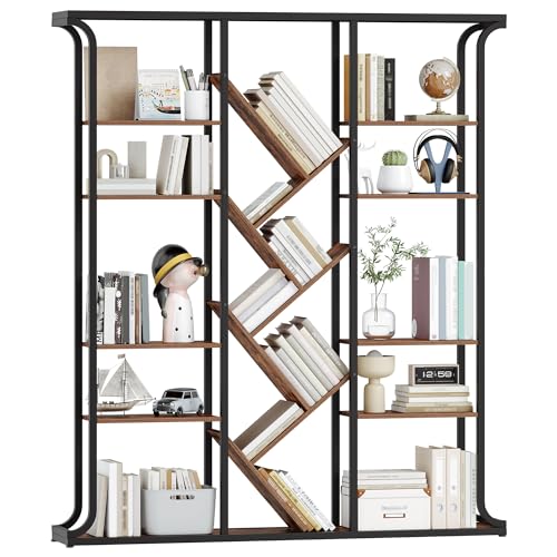 Hzuaneri Bücherregal, 3 Säulen 6 Tier Baumförmiges Bücherschrank, 17 Fächer offene unabhängige Regale, für Home-Office, Schlafzimmer, Wohnzimmer, 24 x 156 x 180 cm Vintage Braun-Schwarz BC53201B