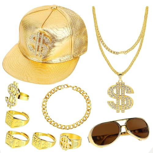 MARFOREVER Hip Hop Kostüm Set, 80s 90s Hip Hop Rapper Accessories mit Dollar Halskette Goldringe Sonnenbrille Goldkette Baseball Cap für Fasching Karneval Party Zubehör