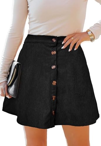 Alaster Queen Cordrock Damen für Herbst & Winter Minirock A Linie mit Knöpfen Kurz Rock Hohe Taille mit Taschen Skirt Women,Schwarz,L