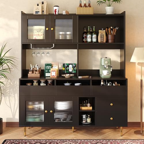 Refined Esszimmer-Hochschrank 145 x 39 x 171 cm mit Lochglastüren Weinglasregal mehrstufigem Stauraum edles Schwarz mit Golddekor geeignet für den Einsatz im Esszimmer