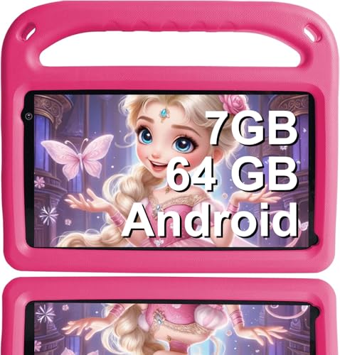 GOODTEL Tablet Android | 7 GB RAM + 64 GB ROM | 7-Zoll-Tablet | WLAN, Bluetooth 5.0, GPS, Bildung + Spiele, Doppelkamera, sicherung, mit Eva-Hülle – Rosa