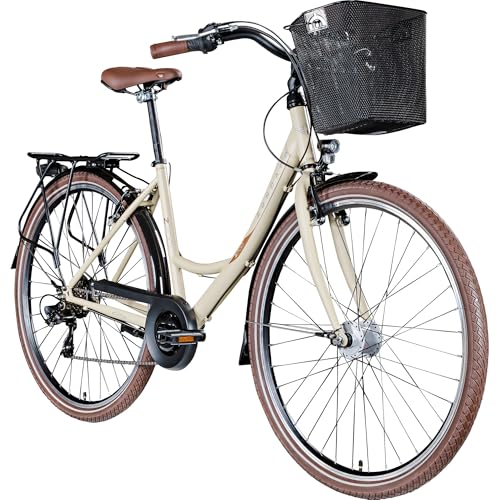 ZÜNDAPP Z700 28 Zoll Damen Fahrrad Damenfahrrad Tiefeinsteiger mit Korb Citybike Damen Hollandrad Damenrad City Bike 6 Gang Hollandfahrrad mit tiefem Einstieg 700c (Elfenbein, 46 cm)