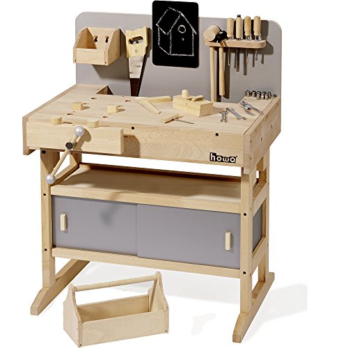 howa Massive Werkbank Kinder aus Hartholz - Große Kinder Werkbank inkl. Werkzeugkiste und 32-teiligem Werkzeug, verstellbare Arbeitshöhe 58-73cm 4900