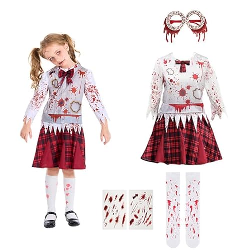 4pcs Zombie Kostüm Mädchen - Mit Blutendes Brillengestell, Blutende Socken, Tattoos Aufkleber Horror Karneval Cosplay, Zombie Kostüm für Mädchen mit einer Körpergröße von 110–155cm(M(125-140cm))