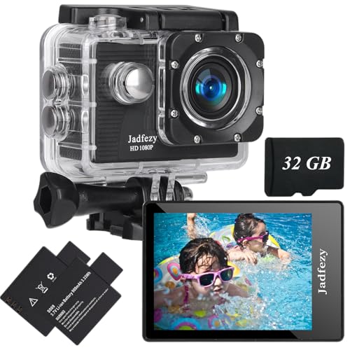 Jadfezy Action Cam FHD 1080P mit 32GB Karte, Unterwasserkamera wasserdicht bis 30M, 140 Grad Weitwinkel Action Kamera mit Zwei 900 mAh wiederaufladbare Akkus und Zubehör-Set