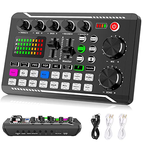 Facmogu F998 Live Sound Card Audio Mixer, Podcast Audio Interface mit DJ Mixer Effekten, Voice Changer mit Soundeffekten für Karaoke Tiktok YouTube Live Streaming Record Gaming