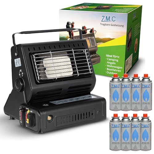 Z.M.C 2-in-1 Tragbare Keramik Gasheizung und Gaskocher 1,3 kW, mit LPG Anschluss + 8 Gaskartuschen, Campingkocher mit Piezozündung, Camping Heizung, Gasheizer für Indoor, Outdoor, Zelten Wohnwagen