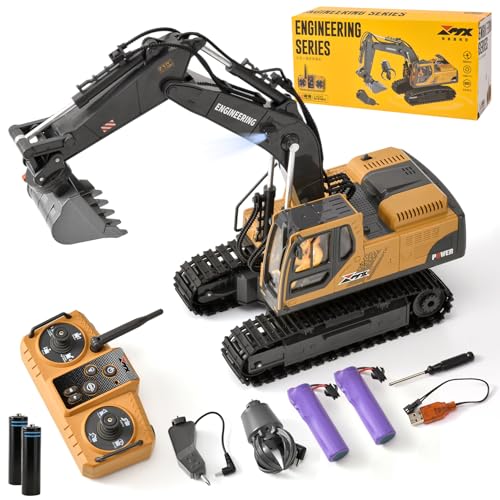 LTFIOON 3-in-1 Ferngesteuerter RC Bagger mit Metallener Schaufel Greifer Bohrer, 2.4GHz 14 Kanäle | 680° Rotation | LED Licht | 2 Akkus, RC Bagger Spielzeug Geschenk für Jungen 3-12 Jahre