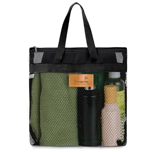 KALIONE Duschtasche Mit Griff - Tragbare Strandtasche, Netz-Duschkorb, Große Kapazität - Reise-Toilettenartikel für Fitnessstudio, Duschraum, Strand (Schwarz)