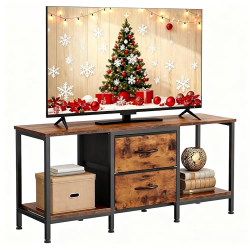 YITAHOME TV Schrank für bis zu 47 Zoll Fernseher, Fernsehtisch Mediaschrank mit 2 Stoffschubladen & 2 Ablagefächern, 110 x 30 x 50 cm Stahlgestell TV Lowboard für Wohnzimmer & Schlafzimmer