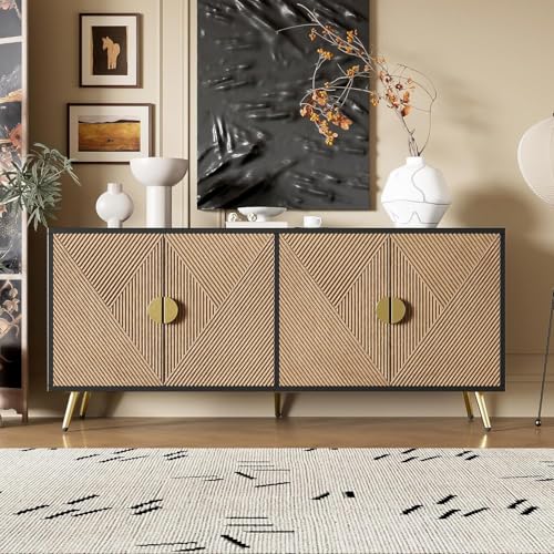 NIUAWASA Sideboard Wohnzimmer 160x40x75cm, Kommode mit 4 Türen Goldene Gebürstete Griffe und Hochglanz Tischbeine Komodenschrank
