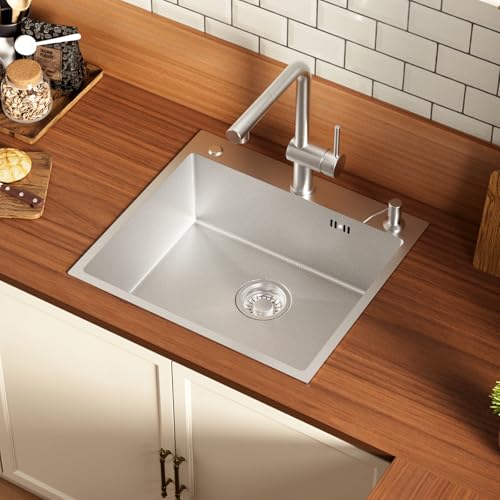 CECIPA Spüle 54×49 CM, Edelstahl Spülbecken mit Siphon und Überlauf, Waschbecken Küche mit Seifenspender, passend für Unterschränke ab 60 CM, Silber