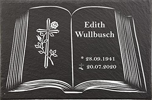 Urnengrabstein Buchmotiv mit Kreuz, Grabstein, Gedenkstein mit personalisierter Lasergravur, Naturschieferstein, 30 x 20cm 100% witterungsbeständig